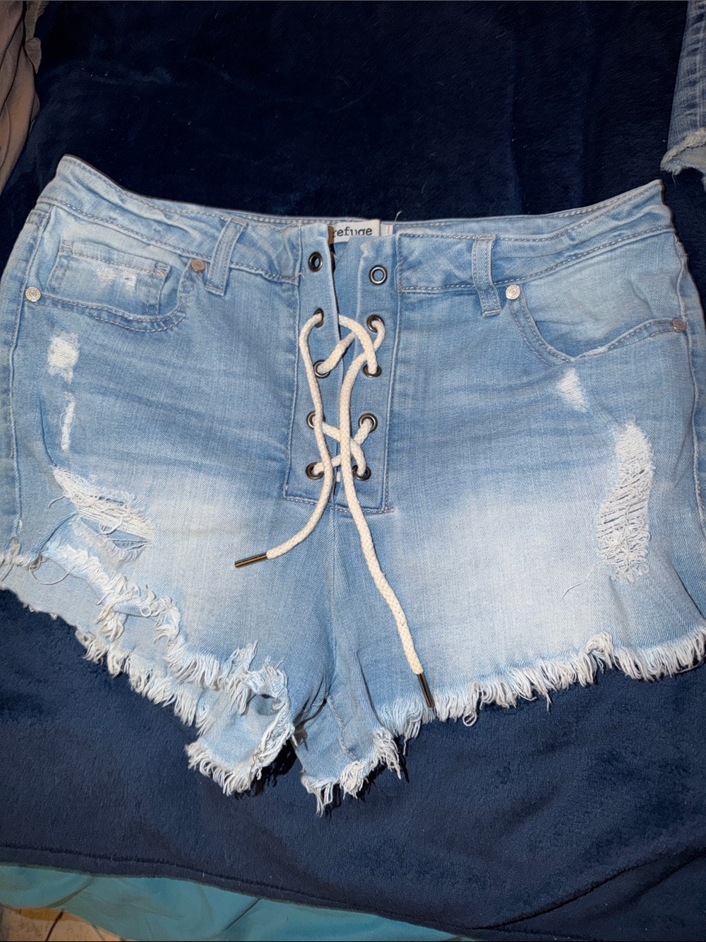 refuge Light Wash Lace-Up Distressed Denim Shorts - Blue